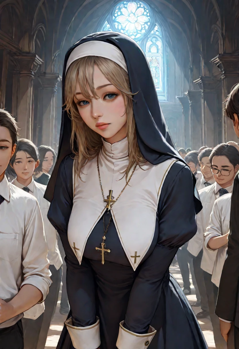 Fighting nuns、Carrying a weapon、(Ultra-high resolution, 8K RAW Photos, Photorealistic, Thin contours), (Cinema Lighting, Fabric Shading), (Nun&#39;s hijab with gold accessories:1.3, Gold cross ornament), (Huge breasts, Saggy breasts, big , Cleavage), One girl, ((Mature Woman, Mature Woman:1.2)), 20-year-old, (Chest curtain:1.3, Long tight skirt with side slits), Mature saint praying at the altar of the church, Put your hands together in front of your chest, Kneel, Full Body Lesbian, Wearing religious uniform, blush, In the heat, Embarrassed, Looking at the audience, Blonde, At night, Clothes that show your body lines, (Dynamic Angle, From the bottom center), spiritual, 