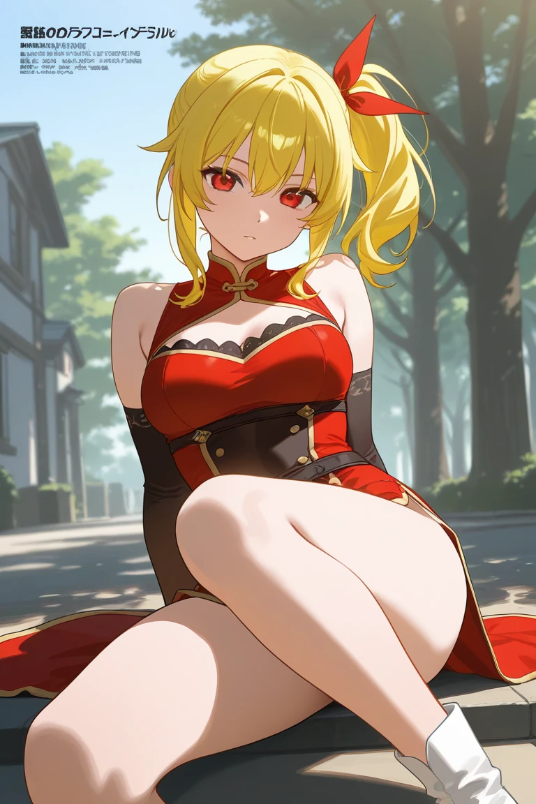 (masterpiece),(best quality),extreamly delicate and beautiful,illustration,1girl,dress,red eyes,large breasts,lace-trimmed garter belt,stocking,lace-trimmed long gloves,1girl,very long blonde hair,djeeta \(granblue fantasy\), thigh boots, granblue fantasy, cool & sexy \(idolmaster\), beautyful breasts,grass ancient city background,symmetrical eyes,