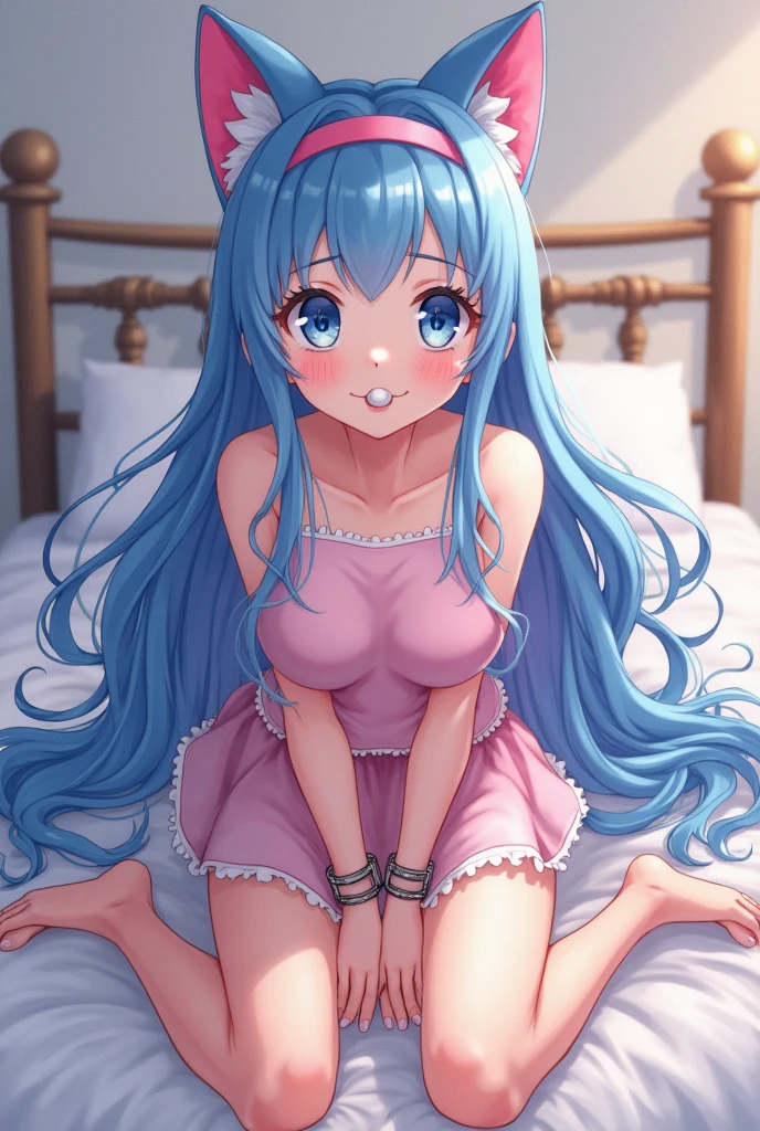 Beautiful cute girl with high quality ray tracing detail in underwear with stockings and garter belt with lace blue hair white blue eyes blush on cheeks in room 