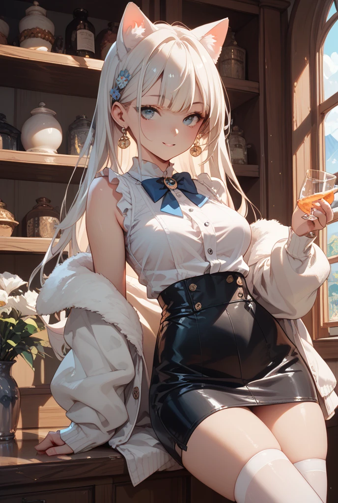 (masterpiece), (最OK质量), illustration, Super detailed, high dynamic range, depth of field, (rich and colorful),[Sanwa wild rag],[Wallop],[[Wakaba]],[Haneru], good at, 1 girl, alone, skirt, OK, underwear, pointed ears, breast, white shirt, shirt, long hair, black skirt, ID card, sitting, black OK, looking at the audience, long sleeve, Red eyes, pencil skirt, mug, clavicle, split, hair ribbon, ribbon, medium breast, hair covering one eye, navel, blush, white hair, female office worker, Headband, beer mug, miniskirt, open lips, Partially unbuttoned, cup, Sweat, Off the shoulders, Symbol shaped pupils, Bangs, collared shirt, beer, side slits