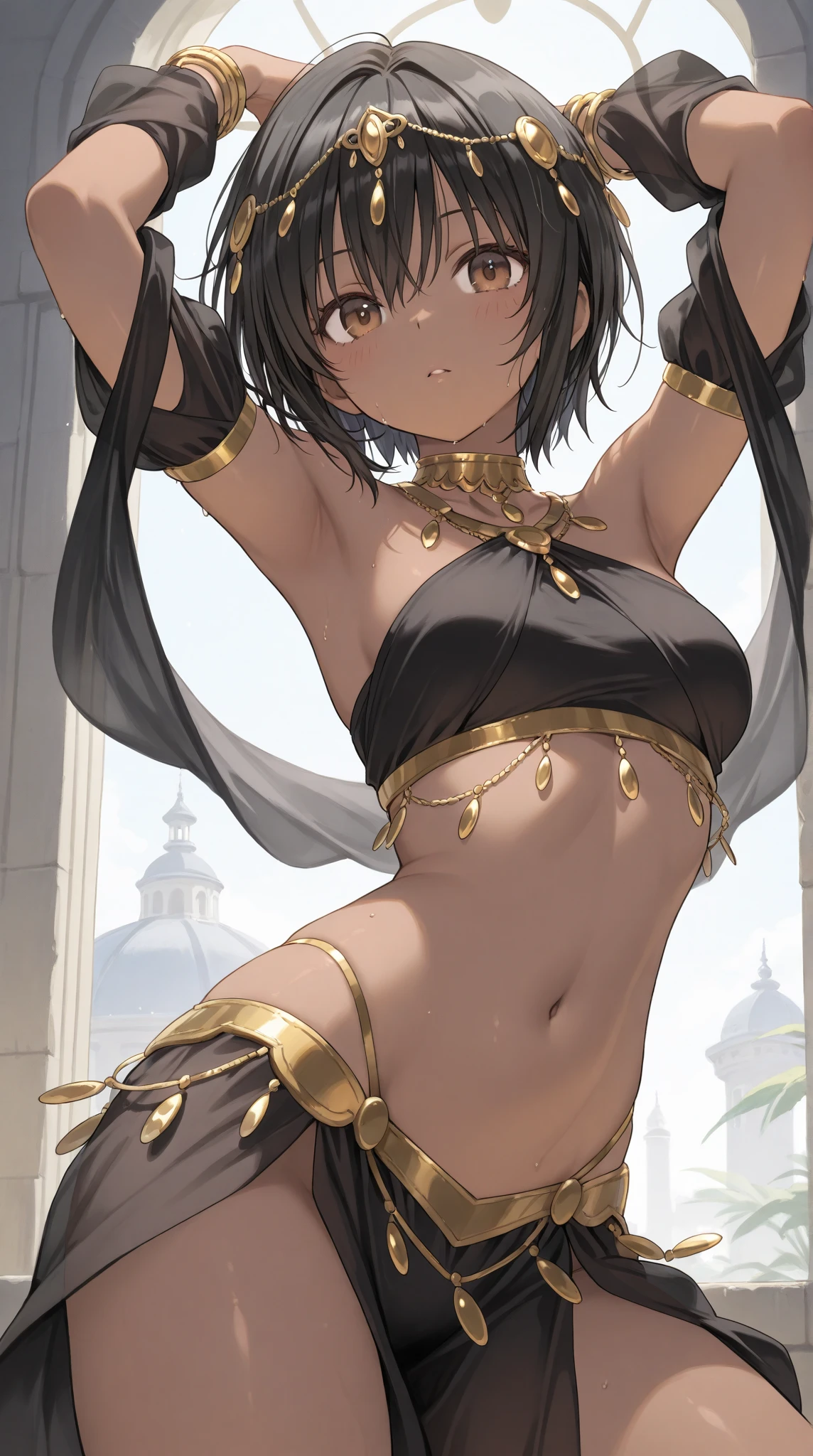 (1 boy solo:1.4),(flat chest),(dark skin:1.7), (masterpiece:1.2), highest quality, High resolution, unity 8k wallpaper, (fine and beautiful eyes:1.6), highly detailed face, perfect lighting, Detailed CG, (perfect hands, perfect anatomy), 20 years old, (black hair:1.3), (evil smile:1.4), detailed eyes, best quality, extremely detailed, very precise detailed, (glasses:1.6), (blunt bangs:1.3), (open mouth:1.3), (very short pixie cut:1.2), (Sandals:1.2), smile, (half closed eyes:1.3) ,long sidelocks, (blush),(leaning back),navel,(kneeling:1.3),(Put left knee in front:1.5), (arms behind head),mouth veil,(arabian clothes:1.5),,(see-through harem pants),spread legs