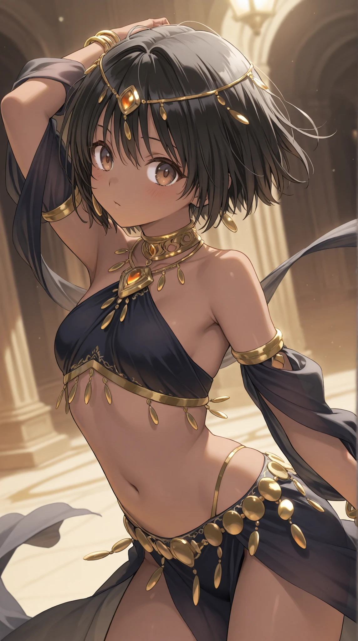 Highres, Masterpiece, Best quality at best,Best Quality,hight quality, hight detailed, Anime style, (little boys), (Armpit), view from front, black choker, Egyptian belly dancer, midriff, Sexy belly dancer, Yellow belly dancer, Navel piercing, (very young boy), (very small and short body)