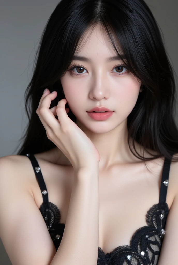 Best Quality, Masterpiece, Perfect Body Beauty, cinematic lighting, black shirt, Highly detailed face and skin texture, Detailed eyes, whitening skin, perfect face, looking at viewer, ((Dark background)), open mouse, straight Bangs, ((mole, make up:1.2)), ((Exposed cleavage)),