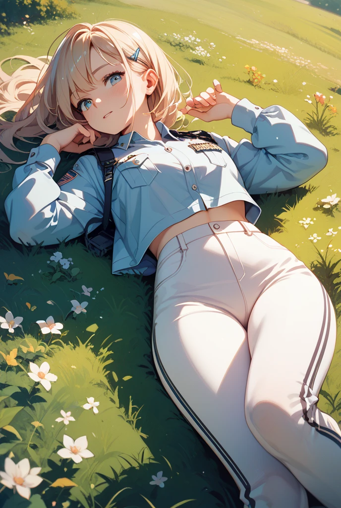 best quality, masterpiece, small breasts, smile, sweatshirt, leggings, outdoors, anime style, grass field, daytime, blue sky, blue eyes, detailed eyes, medium hair, blonde hair, loose hair, bangs, lying down, ass, no shirt,