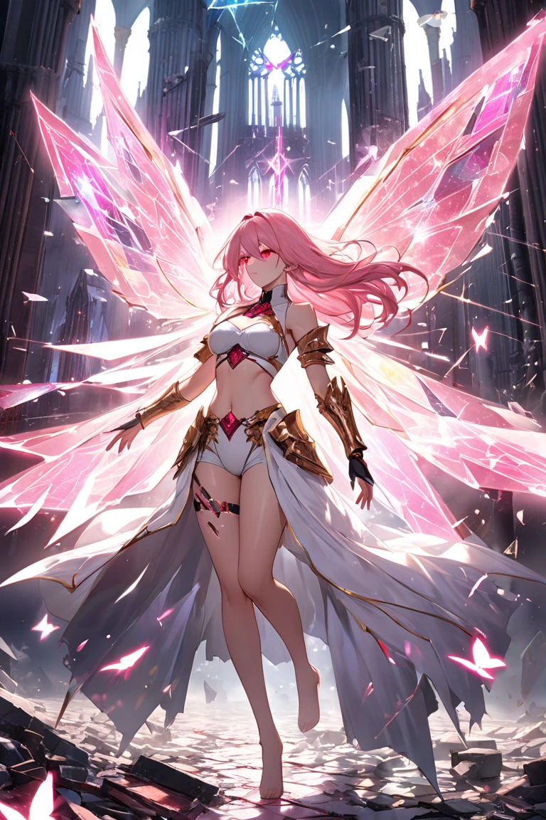 Design a layout showcase Gaming character, (1girl). Golden+Purle clothes, stylish and unique, ((showcase weapon:1.4)), magic staff, (masterpiece:1.2), (best quality), 4k, ultra-detailed, (Step by step design, layout art:1.5), (luminous lighting, atmospheric lighting), magican, ((glove full hands)), (((revealing clothes:1.3))), vambraces, armored legwear, (((full_body_shot:1.4)))