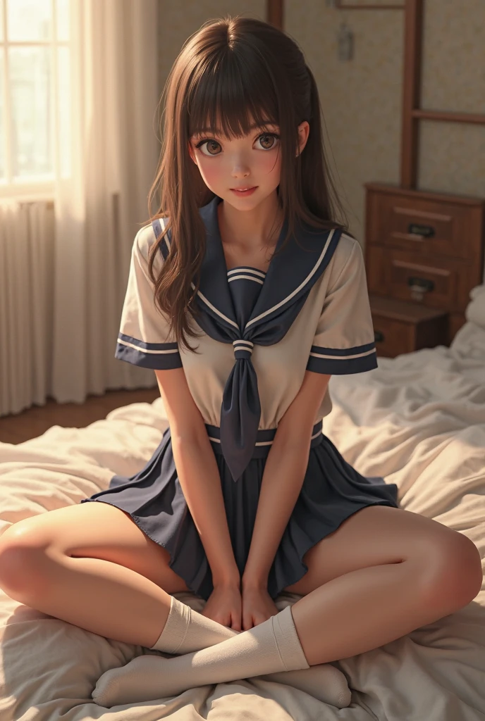 Sleeping Girl, 20 years old, Realistic,Sailor Moon Cosplay,Open legs, Expressions of satisfaction and relief, Brown hair. Pink bed theme and some cute stuffed animals on the bed,An ultra-high picture quality,high-detail,Navy blue sailor skirt,