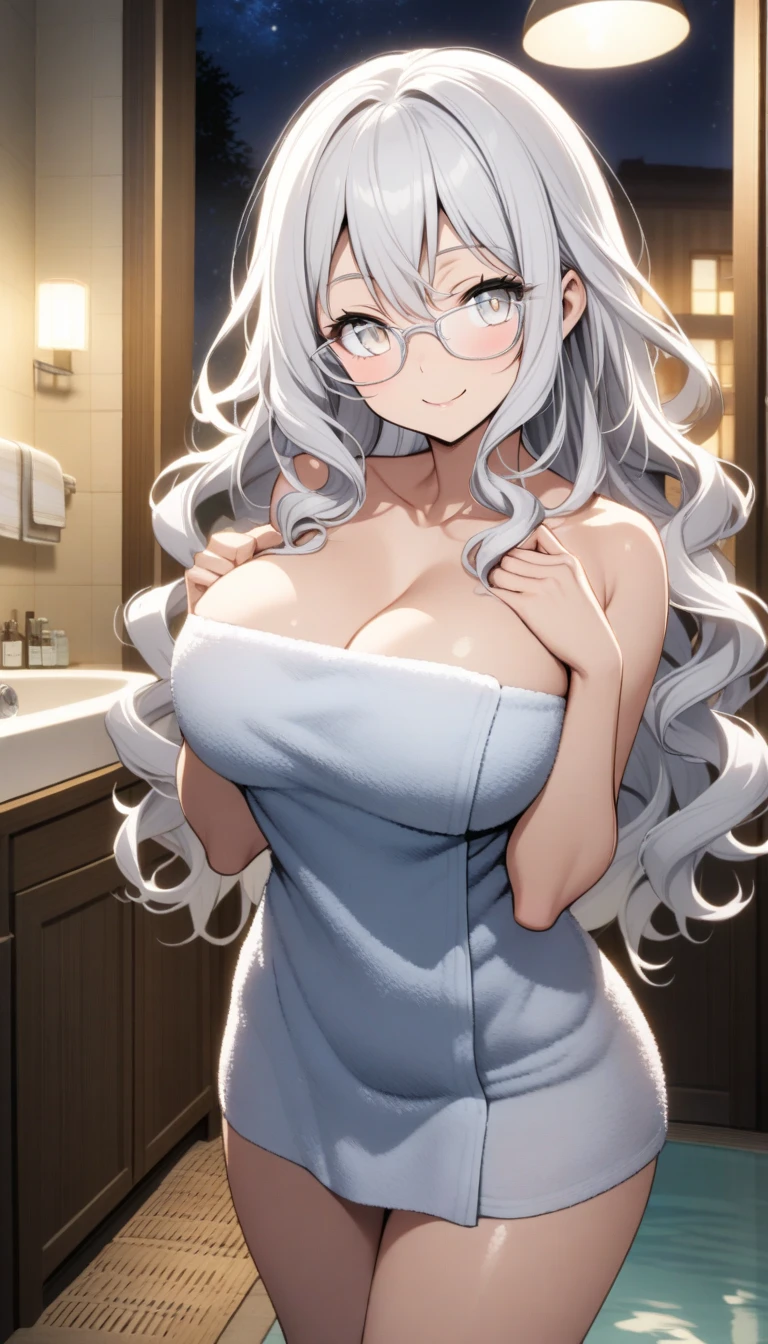 biwa hayahide \(umamusume\), under rim glasses, Sexy body, sexypose, naked towel, towel