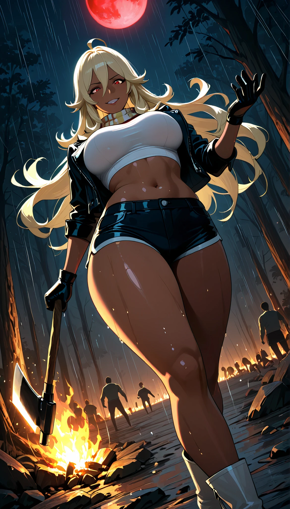 Takeda, {- anatomy error} , masterpiece, detailed, extremely detailed face, perfect lighting, extremely detailed CG, perfect anatomy, perfect body, perfect hands, perfect fingers, detailed face, detailed eyes, score_9, score_8_ up, score_7_ up, anatomically correct, {1girl}: (mature female, milf, fit female, thick thighs, curvy, voluptuous, medium breasts, skin tight, dark skinned female, (light blonde hair:1.4) spiky hair, ahoge, double-parted bangs, bangs between eyes, long hair, flipped hair, glowing brown eyes), leather jacket, open jacket, biker gloves, booty shorts, jean shorts , white boots, multiple color scarf, midriff, white tank top, navel, BREAK, multiple people, thunderstorm, holding a axe, red moon, raining, wet, heroic pose,fire around his gloves, yellow fire, fighting, forest, burning forest, night, crazy smile, fighting a monster, dynamic angle, giant robots around, action scene.