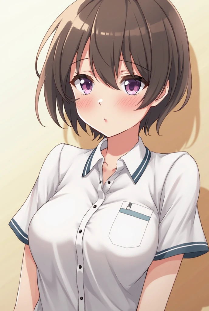 score_9, score_8_up, source_anime Bibl3, sports girl, tomboy, tanned skin, brown hair, short hair, huge breasts, wide hips, viewed from front, smiling, sweaty, open mouth, woman waving, expressive eyes, school gym uniform, shorts, athletic girl, full lips, vivid lips, detailed eyes, detailed face, pretty girl, sports field in background, morning