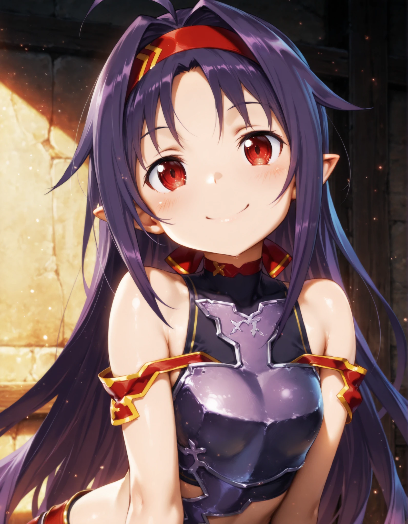 masterpiece, best quality, very aesthetic, 1girl, Yuuki \(sao\), sword art online, looking at viewer, smile, upper body, crop top, young, , masterpiece, amazing quality, best quality, ultra-detailed, 8K, illustration, CG, anime coloring,