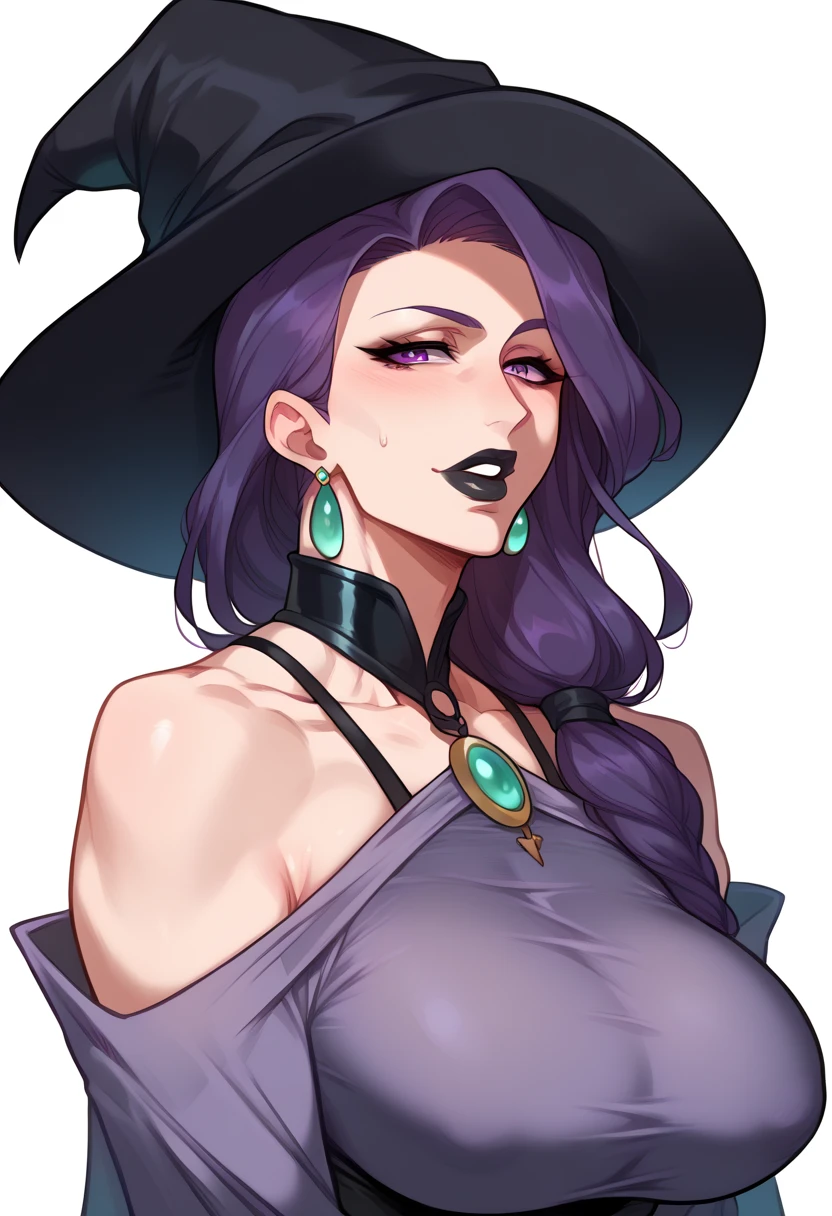 a witch in a purple bikini, red eyes, red necklace, purple witch hat, medium-length brown hair, on the beach of an island, (best quality,4k,8k,highres,masterpiece:1.2),ultra-detailed,beautiful detailed eyes,beautiful detailed lips,extremely detailed eyes and face,long eyelashes,dramatic lighting,fantasy,magical,dramatic colors,vibrant,cinematic
