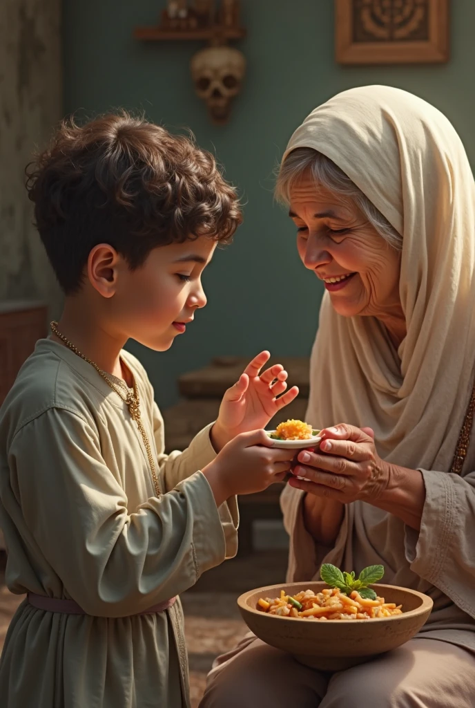 Create a hyper-realistic and mysterious image of a male hand, adorned with gold rings and dressed in a finely embroidered linen tunic, handing a piece of luxurious fabric to a child who looks on in admiration. The child's hand is extended to receive the gift, while in the background, softly blurred, there is a group of people gathered, sharing food and stories. The golden light of a nearby lantern illuminates the scene., highlighting the simplicity and power of the act of giving, and symbolizing that generosity is a seed that, when planted, blooms in unexpected forms of abundance.