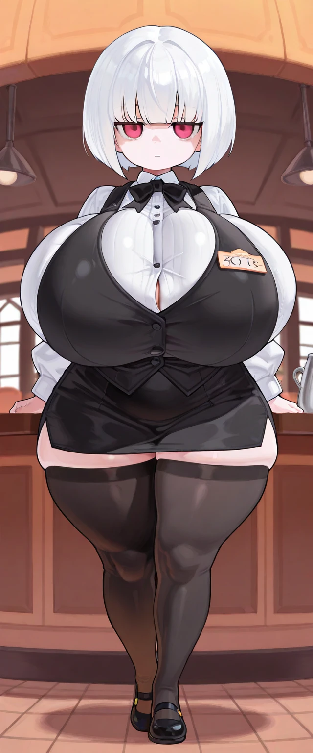 (masterpiece, best quality:1.4), illustration, 8k, hd, 1girl, solo, really_short_hair, brown_hair, butler clothes, no underwear, black coat, green_eyes, cleavage, black trousers, butler, white butler, ((big breast, big belly, massive belly, colossal belly, vore belly, person in belly)), (restaurant, café)
