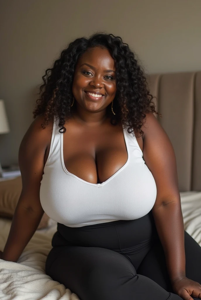 black woman、Very Large Breasts、Chubby bodies、Sleeveless with obvious cleavage、Not wearing pants、Embarrassed face、smile、Holding the chest with both hands