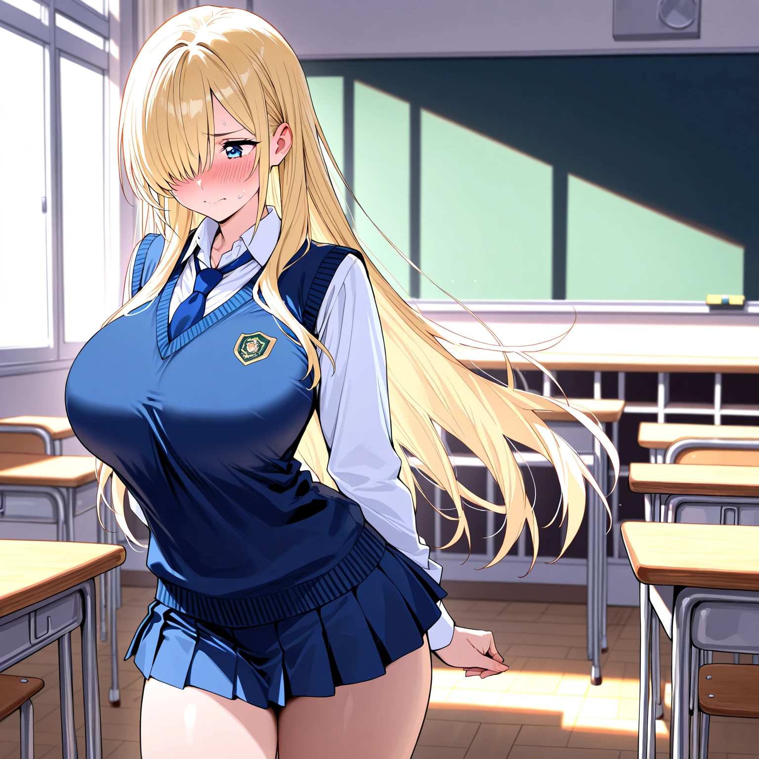 masterpiece, high quality, extremely detailed, 1girl, milf, solo, artoria ruler, huge breasts, parted lips, fingernails, tan, blonde hair, very long hair, green eyes, seifuku, white medium skirt, white pantyhose, shy, sitting, classroom, morning, anime.