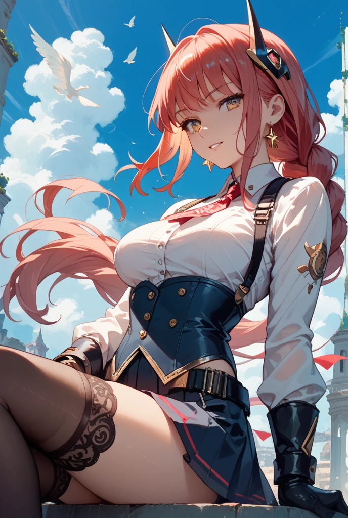 Nino Nakano, pink hair,
BREAK (cleavage,shirt,epaulettes,elbow gloves,skirt,black thighhighs,thigh boots,white footwear:1.2),
BREAK from side, looking up, sky, clouds, profile,
BREAK ((top quality, 8k, masterpiece: 1.3, ultra hd, high quality, best quality, high definition, realism)), sharp focus: 1.5, Beautiful woman with Slim body, (perfect hands, perfect ???????),