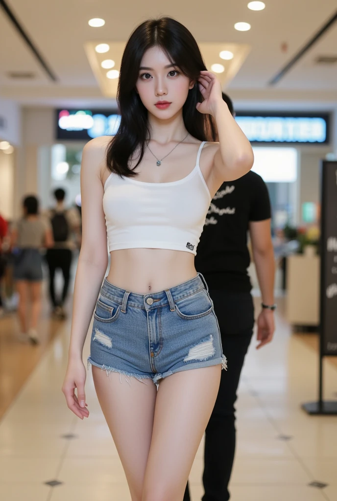 Girl in white bra and tight denim skirt posing for photo, full body, with cropped T-shirt, bra, slim body, smaller bust, slim girl model, 24-year-old female model, lying on the construction site, a group of black men onlooking