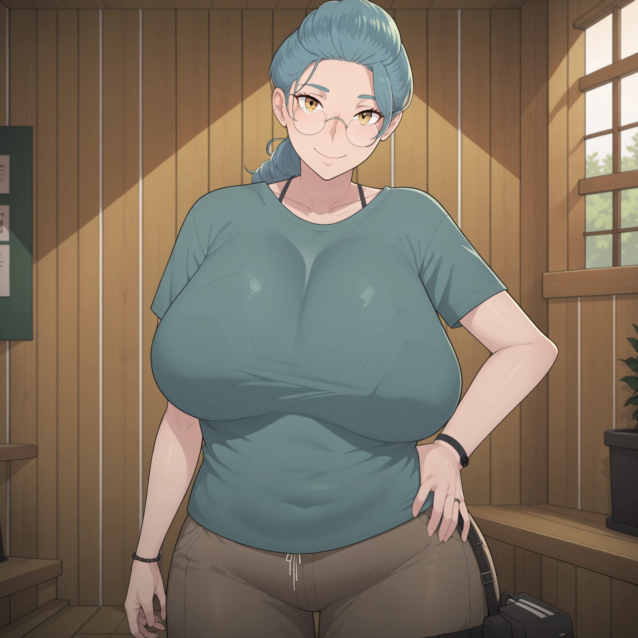 ntrman, 1 woman, older woman, granny, huge boobs, wide hips, granny, white hair, visible, stomach, short t-shirt,