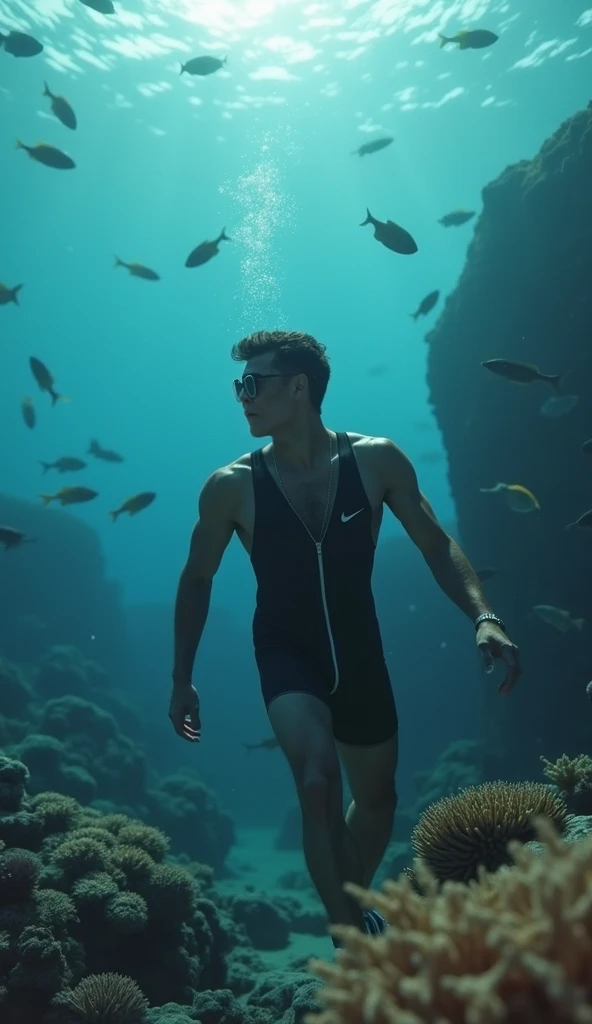 A muscular, buzzcut, tattooed age boy shirtless in animal print silk shorts, wrapped in rope, screams while sinking underwater