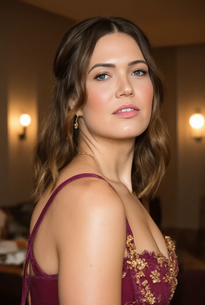 Realistic photo of a beautiful 4nn4k-v1 woman, 1girl, solo, looking at viewer, short hair, brown hair, dress, bare shoulders, jewelry, upper body, earrings, teeth, sleeveless, necklace, blurry, from side, lips, blurry background, red dress, realistic, soft lighting, professional Photography, Photorealistic, detailed, RAW, analog, sharp focus, 8k, HD, DSLR, high quality, Fujifilm XT3, film grain, award winning, masterpiece<lora:4nn4k-v1:1.0>