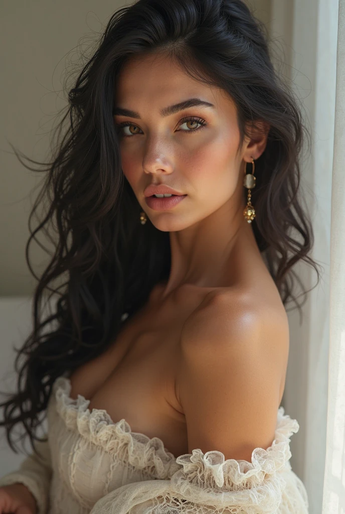 1 of 23 years,alanis moriset,just, long hair, average size , gazing at viewer, Bblack hair, bare shoulders, eyes browns, jewelery, all-body, necklase, Off The Shoulder, park, lips, realisitic, nase, flirting with the camera