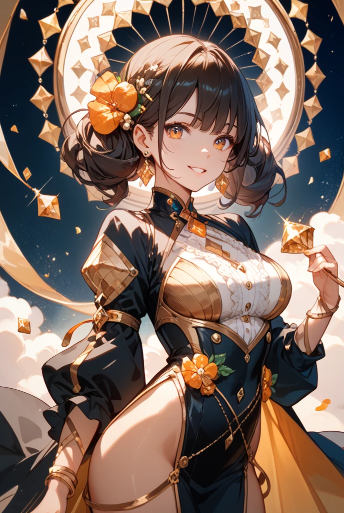 Young dark-haired female CEO, Gentle smile,(huge bust:1.5),The background is a securities company with many staff、Rich woman、Scattered gold coins and dollar bills、