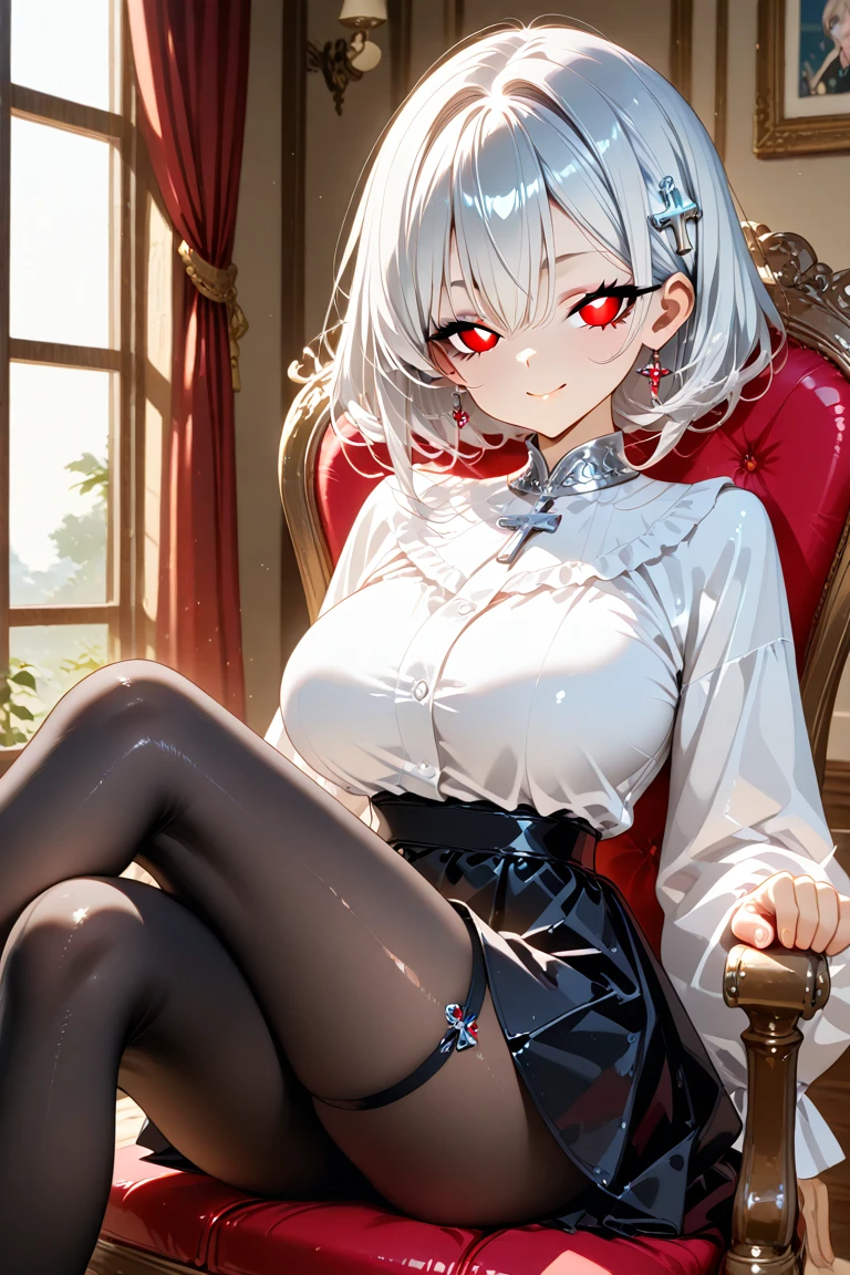 <lora:chloe_lora-last:0.8> 1girl, chloe, sakamata chloe, solo, gloves, red eyes, x hair ornament, red bow, plaid bow, grey hair, multicolored hair, black hair, streaked hair, bangs, short hair, off shoulder, bare shoulders, medium breasts, white shirt, cleavage, frills