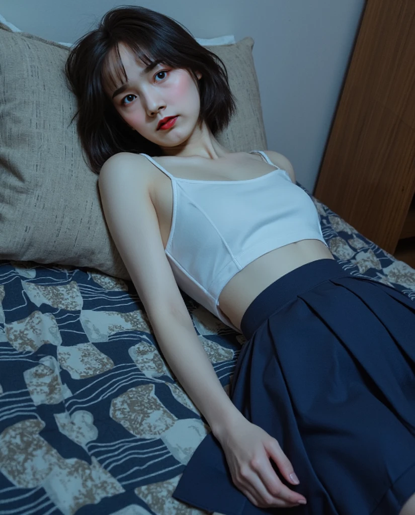 lens: 135mm f1.8, (highest quality),(RAW Photos), Bedroom、:1.1,18-year-old、short hair, (Beautiful woman), Cute Face, (Deeply chiseled face:1.4), (freckles:0.4), dappled sunlight, Dramatic lighting, (bed), shy, (Full body portrait:1.2), (expressionless),, (Sparkling eyes)、(sunlight)、(toplesini skirt:1.4、)、(　　),(Gaunt, Skinny, flat chest,)(((Gaunt, Skinny, flat chest, ,))),((dakimakura、　multiple views,))