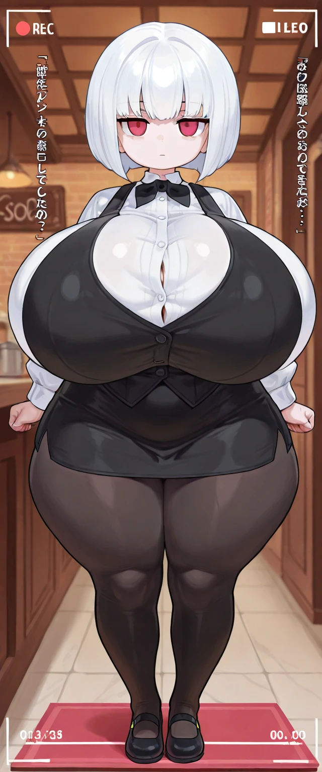 ((((kipteitei art)))), ((highres)),Masterpiece, high quality, best quality, beautiful, perfect lighting, detailed face, ultra cute face, ((1girl)), ((solo), ((((sarashina ruka)))), ((blue hairband)), dress shirt, black vest, black pants, work uniform, (tight pants), black socks, loafers, looking at viewer, cowboy shot, sexy pose, holding up 2 fingers, sweet smile, cute, happy, blush, large breasts, cleavage, perky breasts, ((wide hips)), ((thick thighs)), (thicc), (chubby female), working at movie theater,