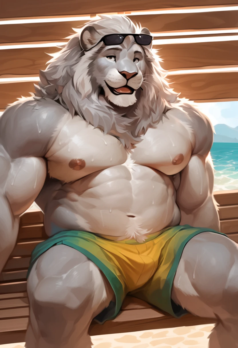 white lion,male,adult,alone,4K,The best product,looking at the audience,white fur,hairy body,bare chest,Topless,Hairy chest,Lion's tail,chest muscles,pink nipples, Six-pack abs, biceps, anatomically correct,Delicate fur,pride,soft shadow,Majestic detailed face,High quality eyes,blue eyes,orange eyes,Sharp eyes,Grandiose,brave,Confident smile,Strong,mature,underwear,Simple eye patch for left eye,,Room,balcony,floor,Blue sky and white clouds,Sunlight