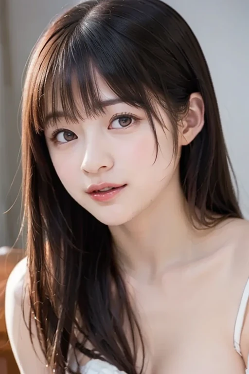 masterpiece, highest quality, 8k, 20th Generation, Large Breasts, cute, alone, sad, cute, girly, Delicate girl, Pure beauty, RAW Photos, Professional photography, Portraiture, Soft Light, Professional Lighting, Backlight, Upper Body, avert your eyes, Sophisticated, Film Grain, (Eye and facial details:1.0), floating short hair, beautiful, Flowing Hair, bangs, (Cardigan on the skin(Dusty Pink))、(Large Breasts:1.8)、I can see your chest、Odd Eye、Heterochromia iridis、Heavy dolly make-up