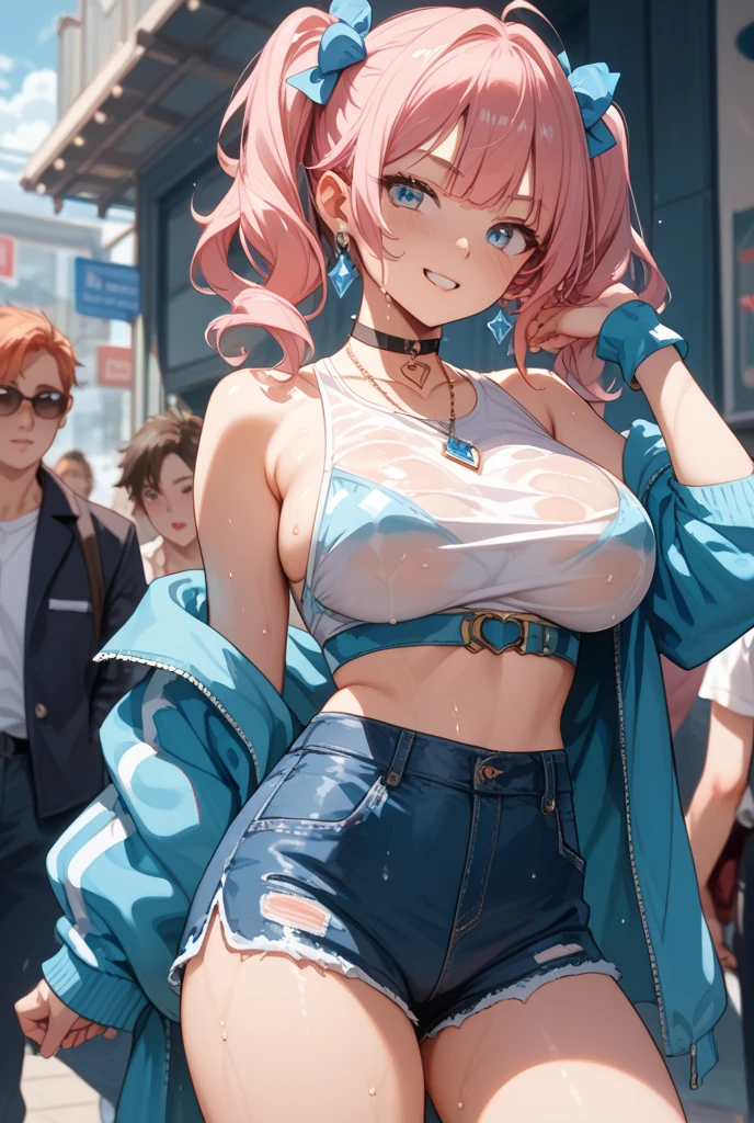 (best quality:1.5, highres, UHD, 4K, detailed lighting, shaders, perfect hand anatomy), pink tiwntails, busty, unzipped jacket, camisole, crop top, shorts, standing, pov, close shot, street background