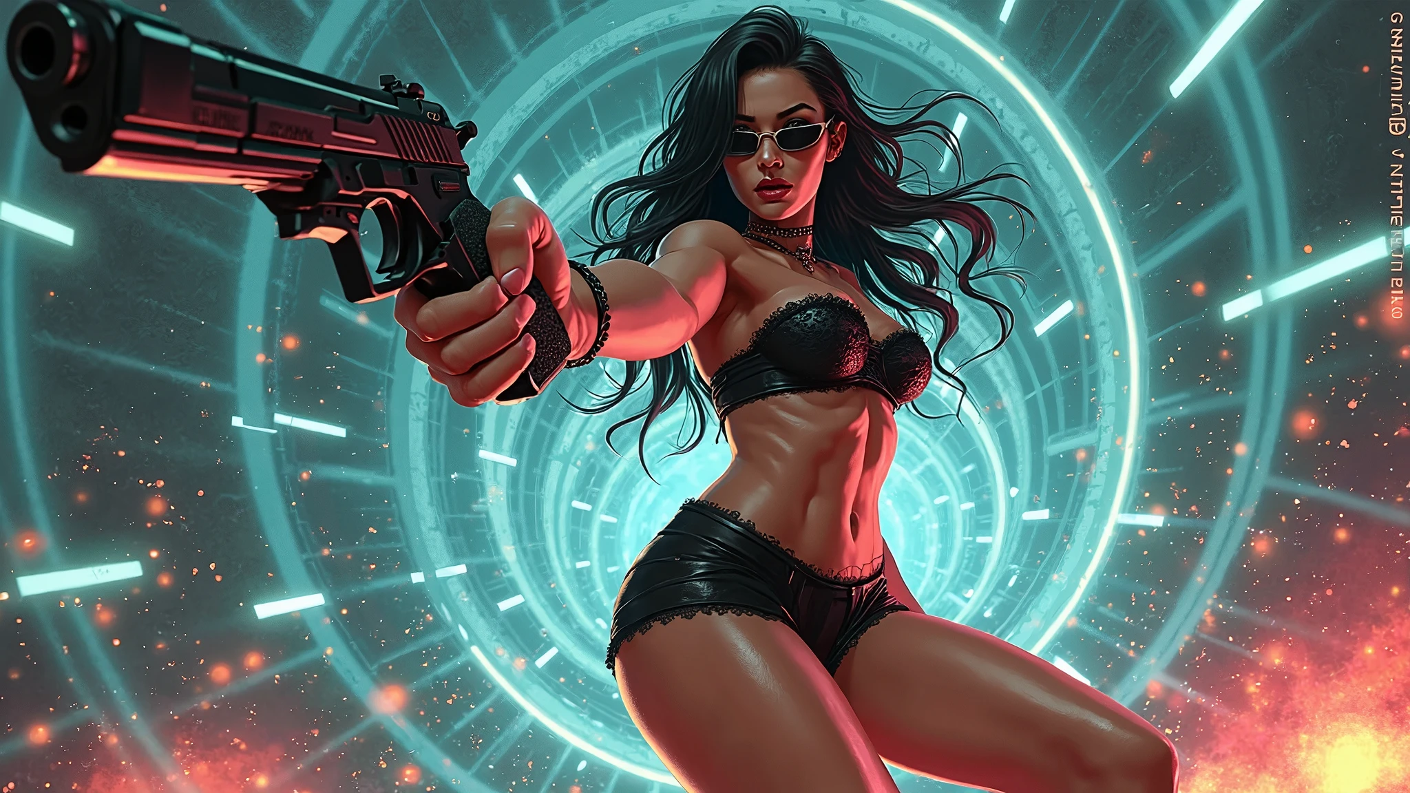 cyberpunk-style city with a nocturnal vibe with Matrix-like aesthetic references, glowing huge clock tower as time machine, green glowing cascading code. At night, (1girl, solo, alone), photorealistic, medium-breast slim:0.6 body, oval:0.5 face, cleavage:1.1, sexy black laced bra, miniskirt, white laced panty, coat, (black micro sunglasses), (holding a short gun), (slightly leaning forward running pose), ((half-body thigh level medium shot)), cinematic lighting, ray tracing, motion blurred background.