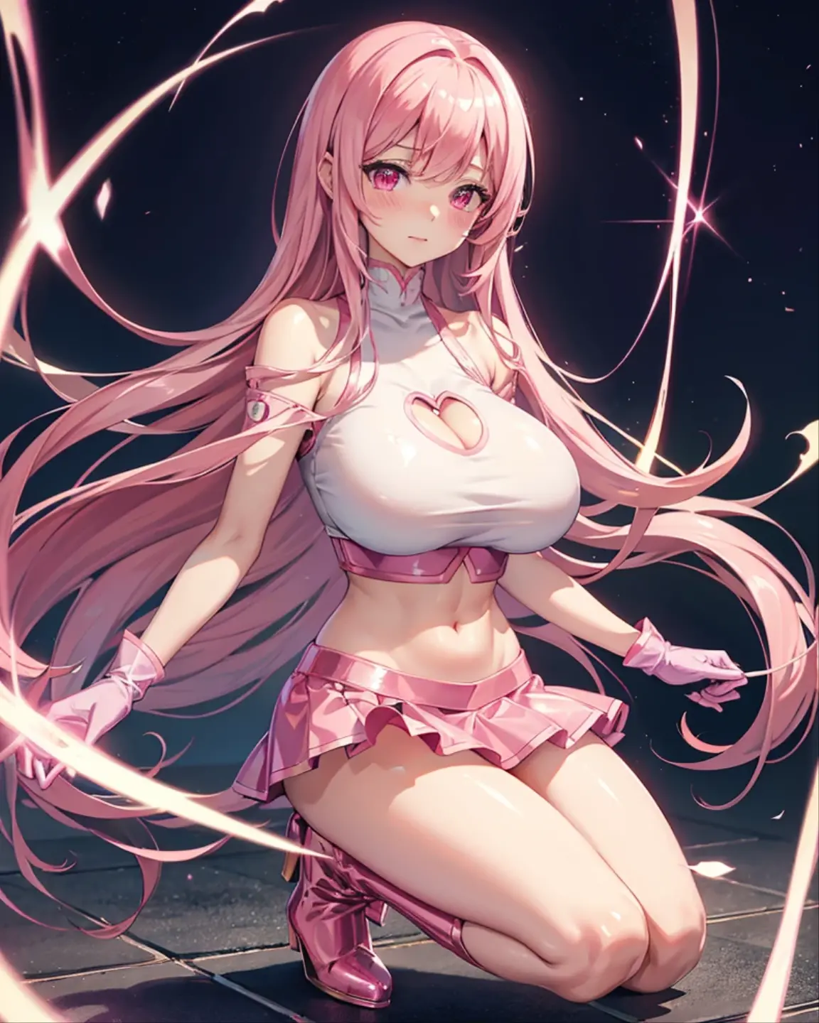 Happy young girl, with wolf ears and pink hair, holding her cheeks, wolf tail, wearing a latex dress, looking at veiwer, full body, you can see her chest, naked breasts