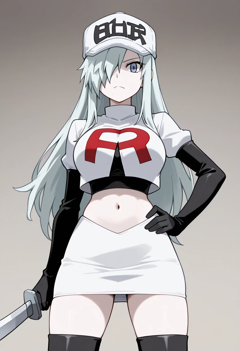 (masterpiece, best quality:1.2),illustration,8k,hd,1girl,solo,very_long_hair,large_breasts,red_eyes,white_hair,zettai_ryouiki,team rocket,team rocket uniform,white skirt,red letter R,crop top,black thigh-highs,black elbow gloves