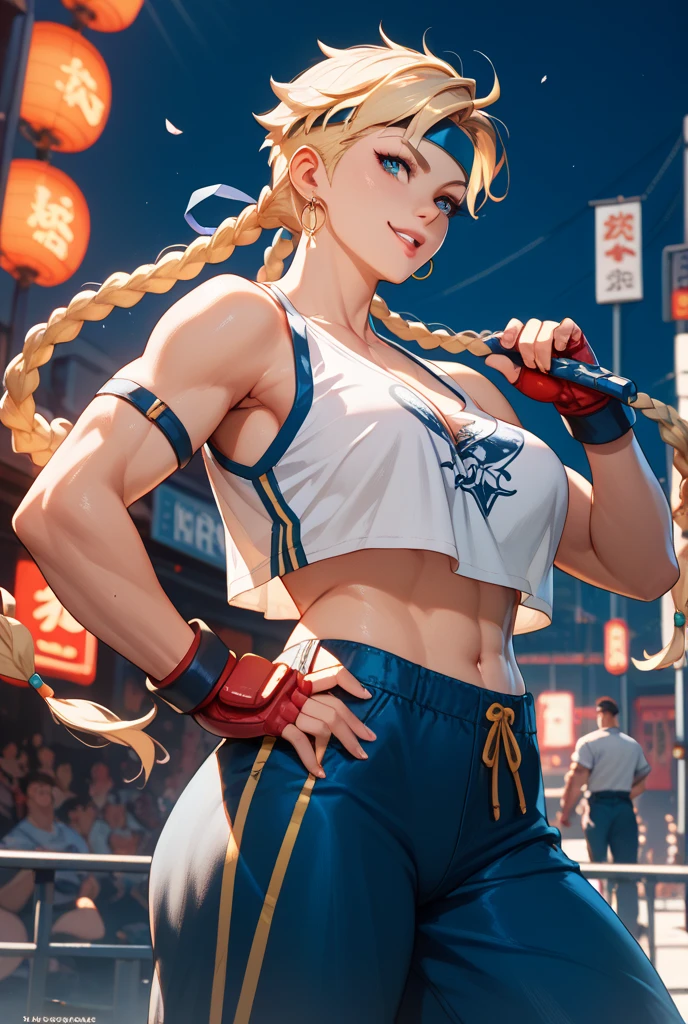 street fighter action image,cammy white costume,(Thin type:1.8),(big breasts),(random hairstyle),(Highest image quality,(8k),ultra-realistic,best quality, high quality, high definition, high quality texture,high detail,beautiful detailed,fine detailed,extremely detailed cg,detailed texture,a realistic representation of the face,masterpiece,Sense of presence)