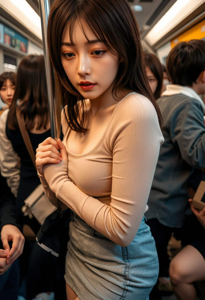 (NSFW:1.3), ((masterpiece)), ((highest quality)), (Super detailed), ((cute)), cute, (Lovely), ((sexy)), (device), ((very detailed)), 4k, (8K), highest quality, (beautiful), anime style, genuineistic, genuine, dynamic angle, ((1 girl, alone, cute girl)), ((office lady suit)), ((hyper cute face)), beautiful light brown hair, beautiful black eyes, ((beautiful eyes)), big breasts, embarrassing, blush, ,Hold on to the railing of a train,armpit, (armpitを提示:1.3),(look away:1.4), (Inside the train:1.3),(crowded train:1.3),
Upper body,(white shirt:1.5),
,alternative breast sizes, Chest grab, (boy,grab from behind:1.5)
,(frown:1.2), (embarrassing,blush:1.2),(Dejected and stunned face:1.1),Sweat,(anger:1.2)