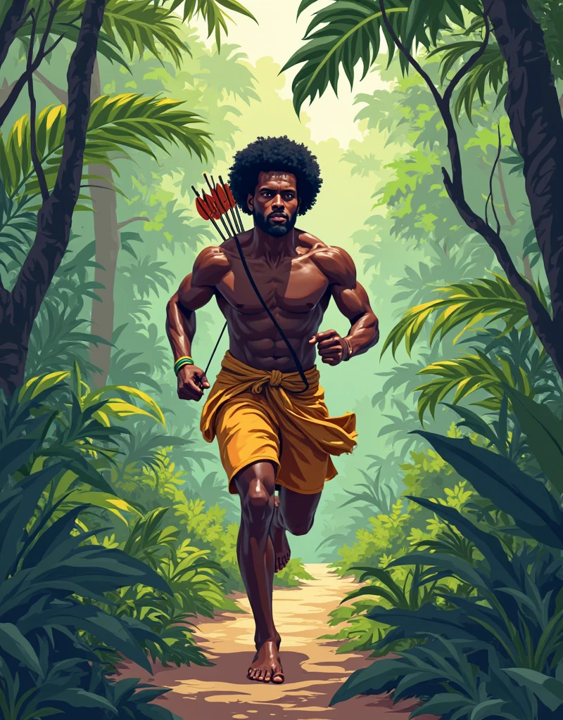 Emeka a 19 years old African young man in traditional hunting attire, with spears and bows, running for his life, in the forest