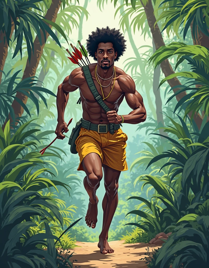 An African hunter with short hair dogging behind bushes in a thick forest