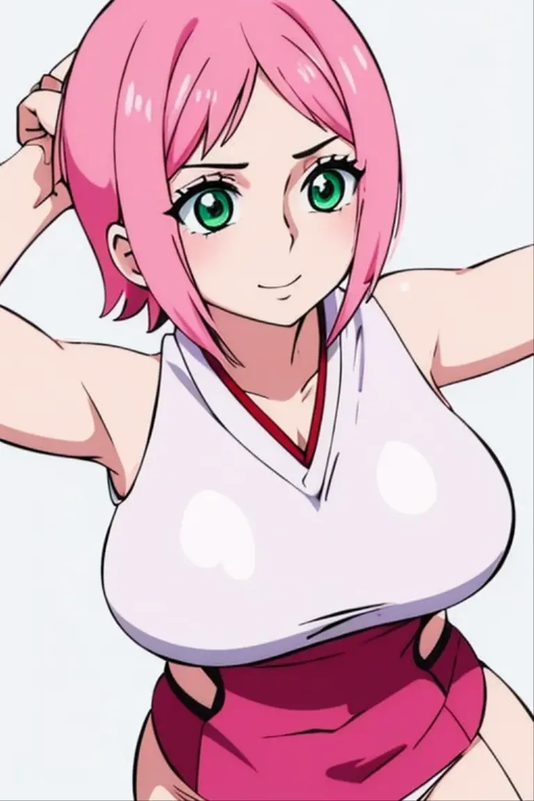 masterpiece, 4k, portrait, cowboy shot, ((((green screen BACKGROUND)))), professional artwork, intricate details, colorful, digital blending, (ultra detailed body, ultra detail hair, ultra detail face), trending on pixiv, kind smile, best quality, anime style: 1.9, 1girl, hires, haruno sakura, (forehead mark, milf, red hairband, pale skin, (small breasts), short hair, ((topless), white pants), ((navel, belly button), ((athlete body)), slender belly, bracelet, pink hair, open mouth, big eyes), smile, ((floating hair)), ((wavy hair)), detailed arms, off-shoulders, broad shoulders, (((both) hands spreading to both sides)), ((lying on floor)), talking, looking at the viewer))), (((flexing))), (((ultra detailed arms)))). (((curvy: 1.2))), (((flat belly))), (((one hand covers both breasts))), ((gold necklace))
