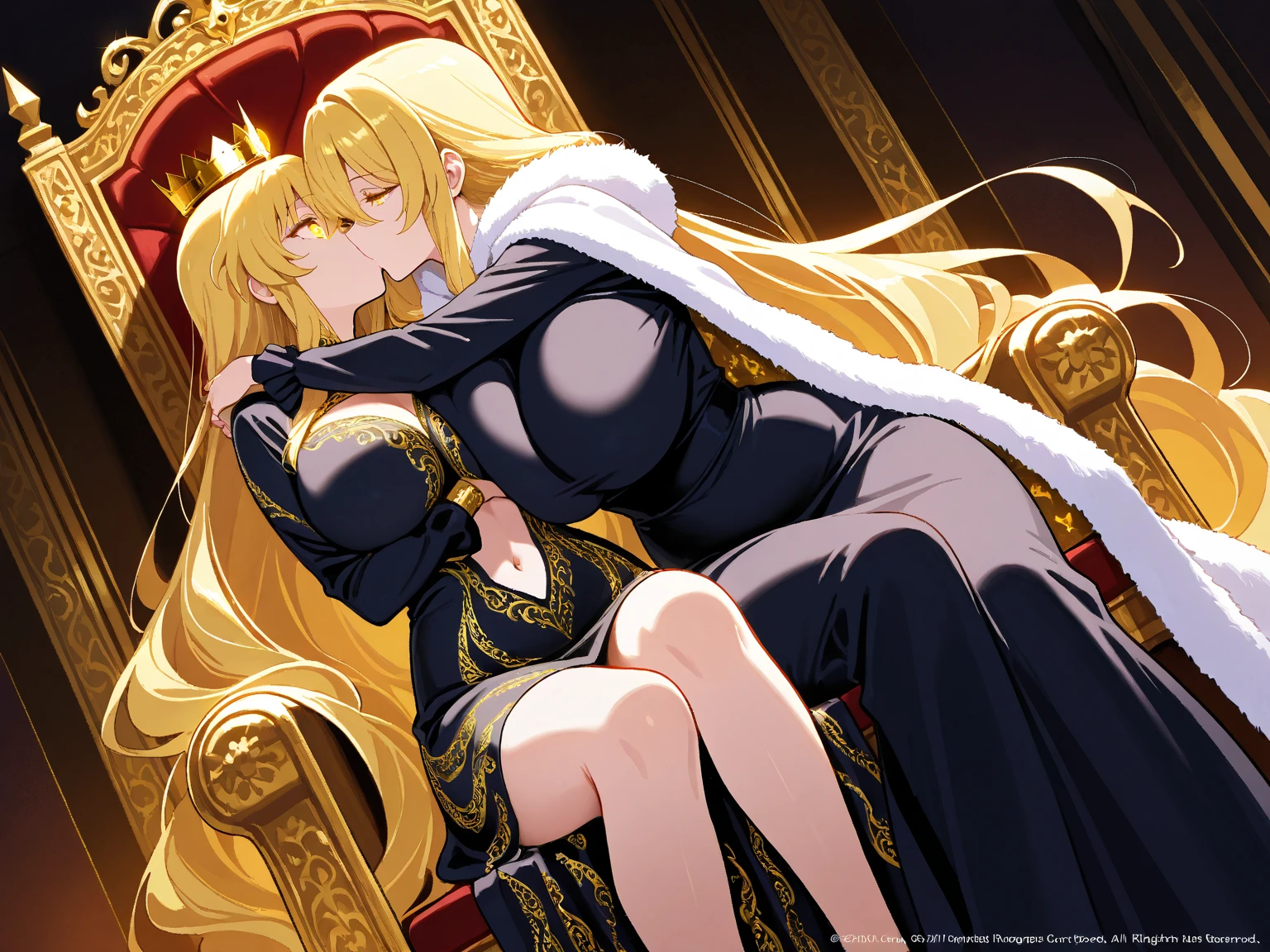((Highest quality)), ((masterpiece)), (detailed), (Perfect Face)、A woman has sex with a man and loves him々A loving couple is having sex with their genitals connected, deeply loving each other.、The woman is the evil queen, Dark Tearju, an evil transforming heroine with green eyes, blonde medium-long hair, a gorgeous evil queen dress with gold embroidery and trim, gorgeous accessories, and an engagement ring. With a truly happy expression on her face, she embraces the man she loves, snuggles up to him, happily accepting his caresses, kisses him deeply, and has sex with him.、The man is the evil king, Naioro, a handsome man with medium-long blonde hair, wearing a black bodysuit, and doting on the woman, embracing her, fondling her breasts, having sex, and making love.、A man and a woman are sitting close together on a luxurious throne, making love.、A man and a woman are a deeply loving couple