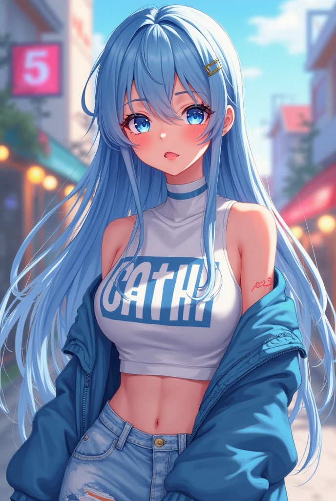 (NSFW:1.2), (8K, Raw photography, Top image quality, tmasterpiece: 1.4), ultra-high-details, (realisitic, photoreallistic: 1.48), 1girl in, Solo Focus, type moon style, Kyoto Animation Style, short-length hair, (blue hairs:1.7), Blunt bangs, Hair Between Eyes, Clear eyes, side locks, White hair, Shiny hair, beautiful detailed cold face, Seductive smile, angry, complex details beautiful and delicate eyes, bare_shoulders, Small_Breasts, Gray eyes, White skin, Hair Ornament, (((T-shirt))), swim ring, swimsuit, beautiful bare back, Sandals, Skindentation, collar bone, bare_Legs, beach, Beautiful detailed sky, White sand, tree, very precise details, absurdist, Extremely detailed, 16k wallpaper,remrezero
