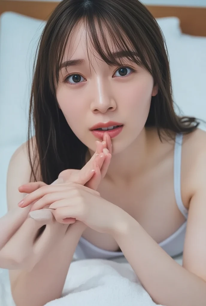 (((Ultra-high resolution、Close-up、Cute Japanese Woman)))、Long, straight black hair frames her face、So that every single hair is clearly visible、Depicts subtle color changes depending on the amount of light hitting the subject、The skin is white and smooth、Has a natural glow、Fine skin texture、Representing the fine details of pores、amountや頬に薄い赤みがある部分を詳細に、The eyes are almond-shaped and dark brown.、Fine details of the iris、Depicts color gradations and patterns、Long, natural-looking eyelashes, each and every one visible、Well-groomed eyebrows、indivual々The hair is clearly visible、Light reflects off into the eyes、Create small highlights、noseは繊細で、nose孔の細かいディテールがある、Lips are plump and naturally pink、Depicts the fine lines and soft curves of the lips、Shiny、Accentuate the shape、Detailed depiction of lip texture、Particular attention to the depiction of light and shadow、Soft natural light gently illuminates the face from the front、amount、nose、Creates a subtle glow on the cheeks、Shadows are cast softly along the contours of the face、cheekbone、Jaw Curve、noseの側面を強調、The gloss of her lips reflects the light faintly.、Emphasizes plump texture、The shadow of the hair adds depth and dimension.、indivual々The hair shines in the light、The background is simple and blurred.、Focus on the face、In the highest quality、Representing the utmost detail