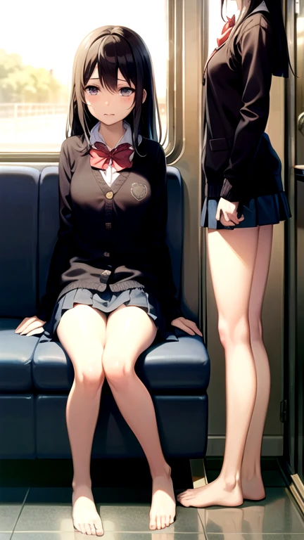 Highest quality, Ultra-high resolution,(Several elementary school girls in casual clothes are sitting)Tight mini skirt,Summer Shirts,(Lace panties),Full body portrait,sit in a train seat、(from the front).Are sleeping