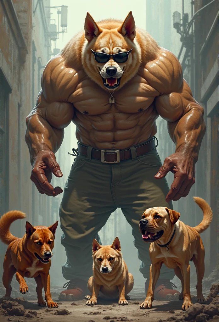 Strong humanoid dog in prison receiving a visit from his female dog and their puppies in jail