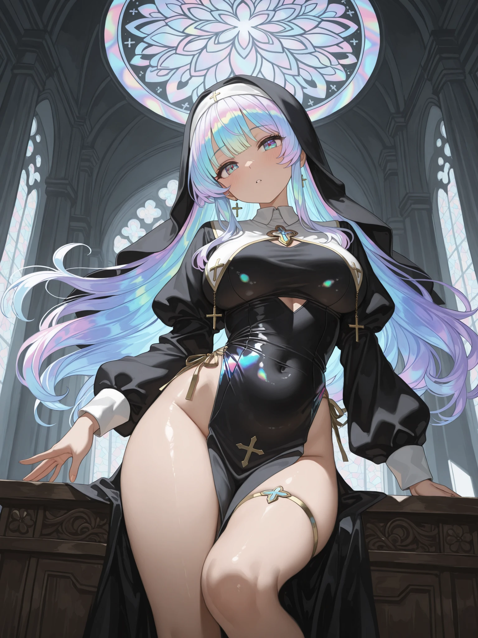 nsfw, bewitching pose, (((vulgarity))), sweat,Dripping water,My whole body is wet,heavy breathing, humid, FOG,
Bondage,chain,Nuns,O-ring,See-through,Veil,Black panties,Elbow Handbags,Mistress,first round,cuffs,Thigh straps,Thigh boots,
Mischievous Smile,
High resolution,Sharp focus,(Super detailed,Very detailed),(Very detailed CG unity 8k wallpaper),(((Vibrant colors))),{best illustration},
{{{{{Fediel(gran blue fantasy)}}}}}, 1woman,Complex eyes,Beautiful fine details,Symmetrical eyes,(complete anatomy),
(Realistic eyes, 自然なskinの質感, Realistic facial details),Seductive eyes,
(((dark skin,dark_skin,lustrous skin:1.5,bright skin: 1.5,(Big black devil horns),Muscular,
skin tanned, shiny skin,very shiny skin,Shiny body,plastic glitterskin,exaggerated shiny skin,illuminated skin))),
(Detailed body),(Detailed face)),Alluring,Lewd,erotic,Bold,Camel Toe,Revealing clothing,show skin,
(((Glamorous clothing))),single thigh high, wide sleeves, white sleeves, Purple eyes, (Huge breasts, Glamour:1.1),
Tall Woman,very long hair, Grey Hair, Purple Nails,(Flying debris, 超High resolution),Wear an iridescent aura,
Invisible Light, Amazing shine, Neon purple glow, The colors of another world,Bright colors, Ghostly Effects,
Ruby Jewelry,Black high heels with gold decoration and feathers,(pubic hair),Removable sleeves,
((M-shaped legs:1.3, squat:1.2)),(The view is from very close below:1.5),((Wedge Shape:1.2)),
(Indoor Environments),messy room,underground treasure trove,indirect lighting,A large amount of gold and silver treasures,Vases and sculptures on shelves,Luxury bed with canopy,There is a pile of gold coins on the floor,