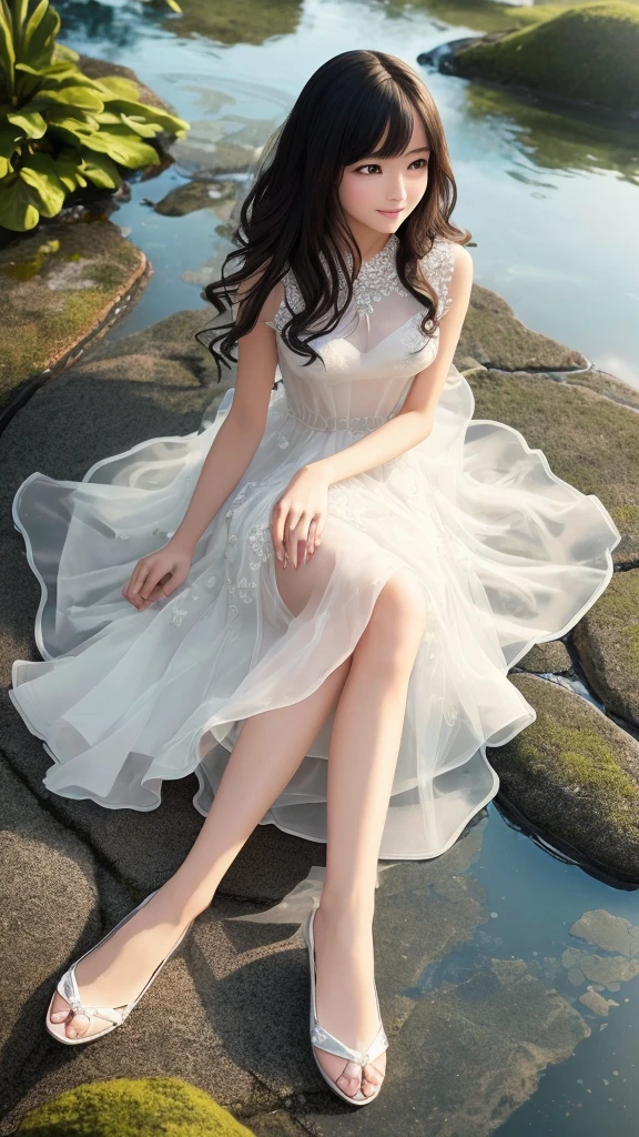 Wear long dresses, princess dress,formal dress,Small dresses,floral dress,elegant,Fairy,heavy dress,gauze skirt dress, puffy skirt, chiffon material,Puff sleeves,High neck,(knee shot), elegant,1 woman, On the face, light brown hair, blunt bangs, hair behind ears, Hair over the shoulders, long hair, Slender body type, Super thin face, face slimming, delicate lips, beautiful eyes, Thin blush, Eyes are light brown,Check it out here, (realistic:1.3), in the coniferous forest, One person's perspective, 8k, Super detailed, high quality, best quality, High resolution,(masterpiece))、(top quality)、8k、high detail、Super detailed,masterpiece、born、Intricate details and complex designs、Beautifully、magic、capricious、 Beautifully、Dream aesthetics、「𝓡𝓸𝓶𝓪𝓷𝓽𝓲𝓬、ethereal、charming、fickle、magic」、Realism、Visual effects、FXAA、SSAO、Shaders、voiceless、ambient lighting、Tone mapping、High resolution、Ultra high quality、Million pixels、(8k resolution:1.10)、8k、Below 8K、8k resolution、high detail、intricate details, (high quality:1.2、masterpiece:1.2、:1.21)、(3 female:1.21)、(Smile excitedly)、(full-body shot,Normal 2 feet,Put your hands behind you,The protrusion of the breast is visible when wearing clothes, Large Breasts, H cup chest, No breasts,high-neck dress,High-heeled sandals