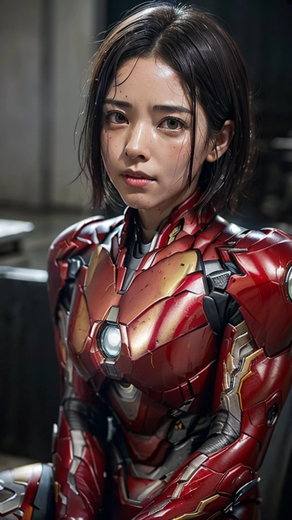Rough skin, Very detailed, Advanced Details, high quality, 最high quality, High resolution, 1080P 、、Red Armor、Wearing red and black、cute((During a break))(破損したwoman用ロボットスーツを着用...)(Red Armor)(Broken Armor)Black Hair、、Soaking wet、Soaked Face　　Beautiful Face、Hot look　knock down、よだれing from the mouth、woman　(Steam coming out of the face) ((Steam from the body)) 　Filming location　I can see the vagina　To be released　look up　Remove head gear　