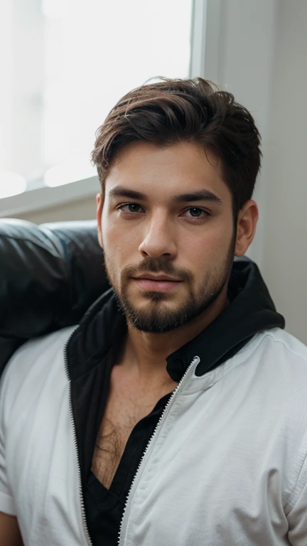 create an ultra realistic image in 8k of a young 27 year old man with a thin beard and short hair with black high fade sides, His eyes are brown. Ele deve aparecer com regata de academia, It should give off an air of security, confidence. o cenario ao redor deve conter uma mesa, um computador e um microfone como se tivesse em um podcast