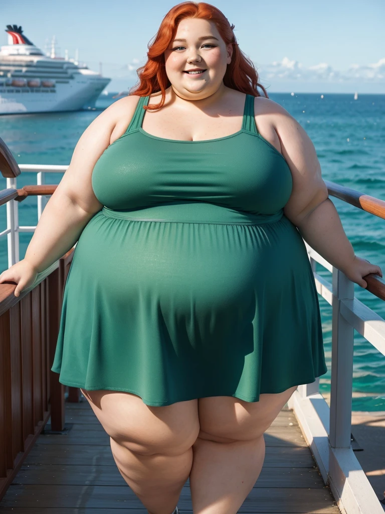 A back wiew photo of a young beautiful redhead bbw with long wavy ginger hair soft fat belly, wide fat obese hips, thick fat legs and fat arms, cute pretty face, small breasts, blue eyes, freckles, in a green yoga pants and yoga top, standing in a balcony in sunset